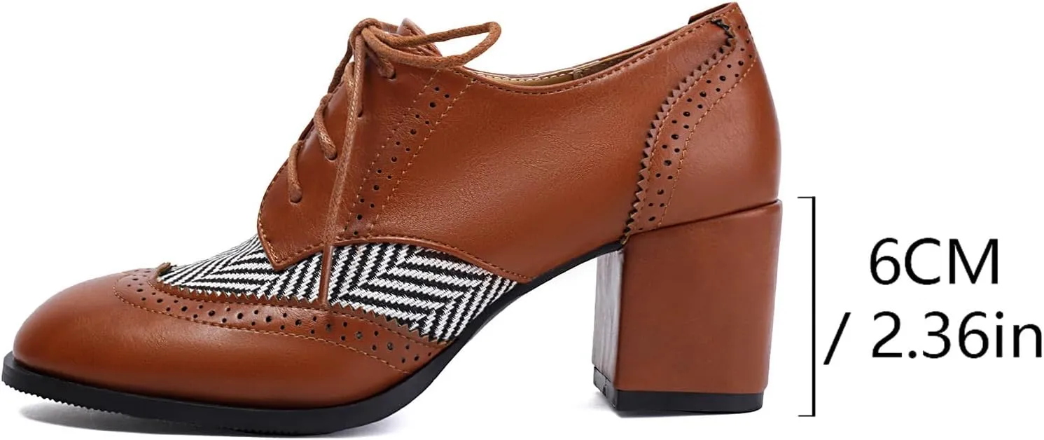 SACFOF Women's Chunky High Heels Wingtip Oxfords Round Toe Lace Up Stacked Block Heel Vintage Round Toe Brogues Pumps Shoes