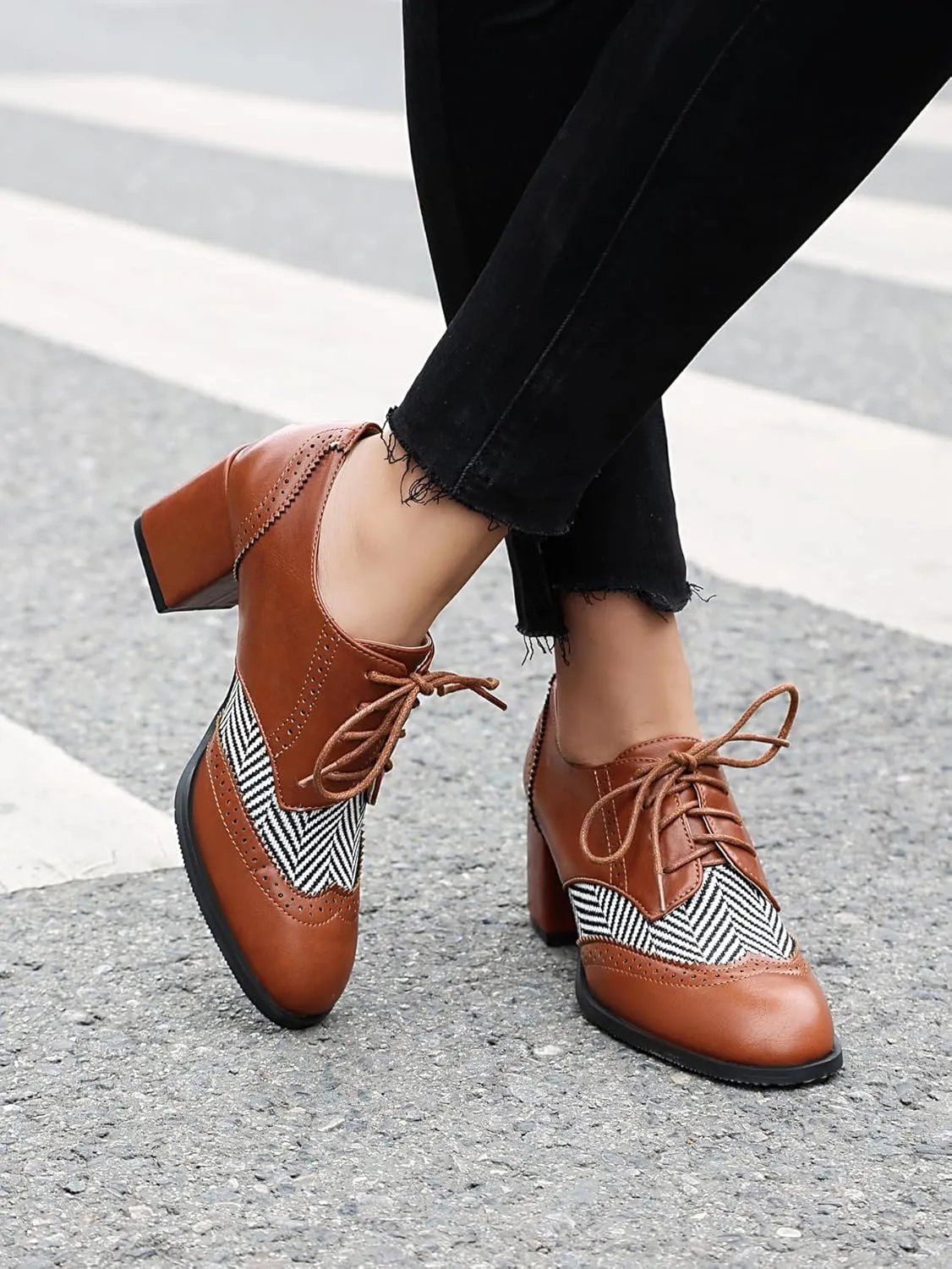 SACFOF Women's Chunky High Heels Wingtip Oxfords Round Toe Lace Up Stacked Block Heel Vintage Round Toe Brogues Pumps Shoes