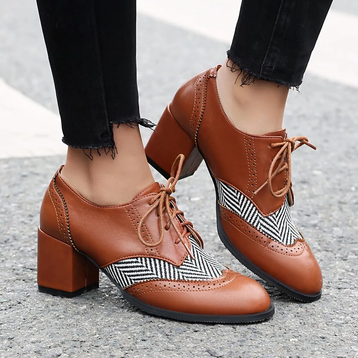 SACFOF Women's Chunky High Heels Wingtip Oxfords Round Toe Lace Up Stacked Block Heel Vintage Round Toe Brogues Pumps Shoes