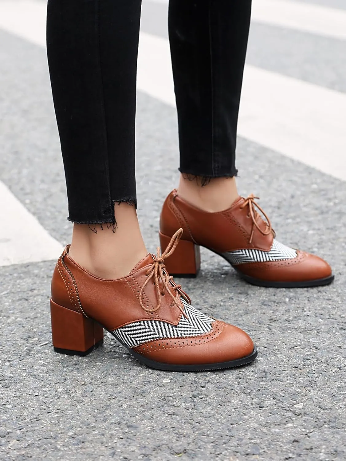 SACFOF Women's Chunky High Heels Wingtip Oxfords Round Toe Lace Up Stacked Block Heel Vintage Round Toe Brogues Pumps Shoes