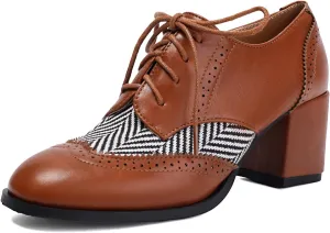 SACFOF Women's Chunky High Heels Wingtip Oxfords Round Toe Lace Up Stacked Block Heel Vintage Round Toe Brogues Pumps Shoes