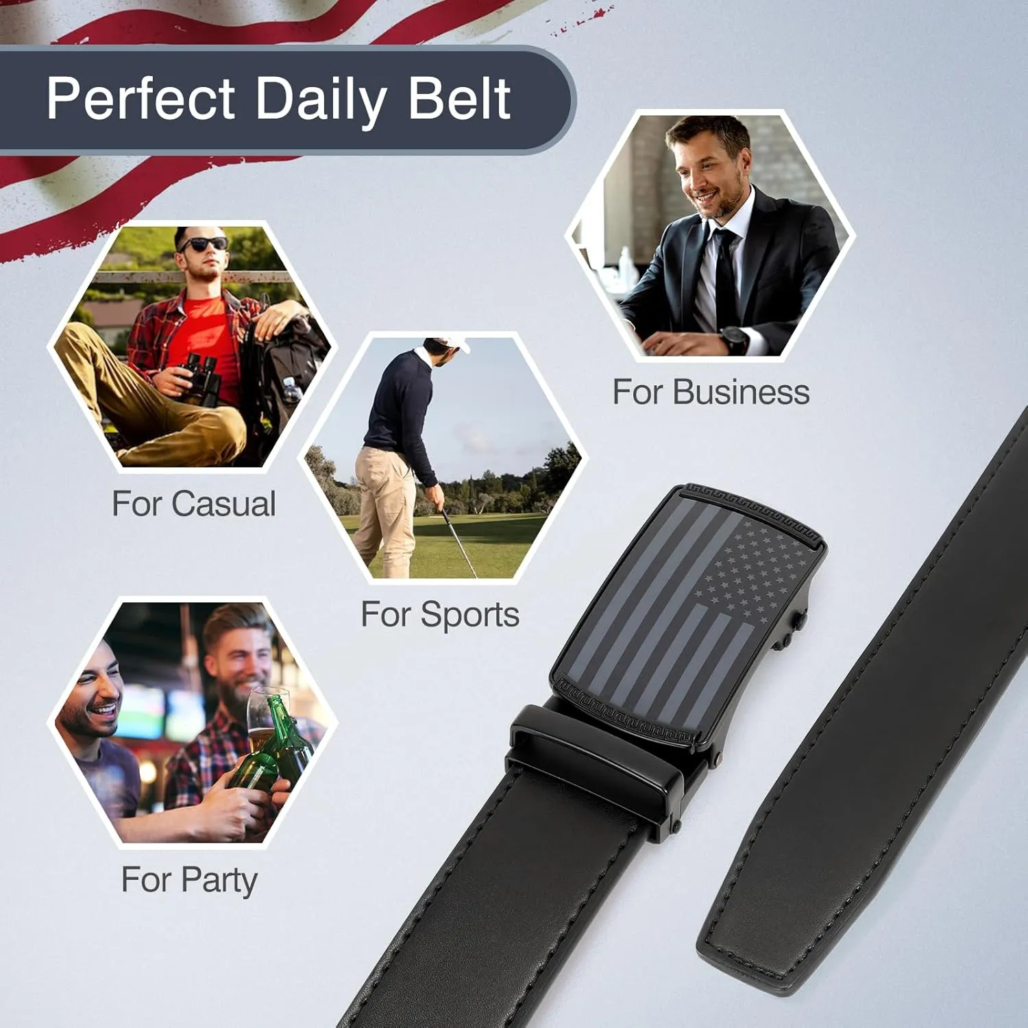 SANSTHS Golf Ratchet Belt for Men, Mens Belt Casual 1 1/3" Flag Pattern Auto Slide Buckle for Jeans