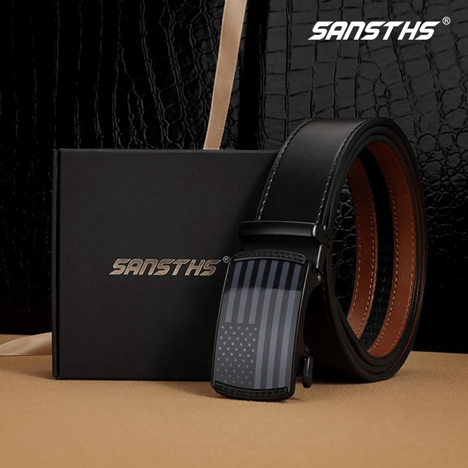 SANSTHS Golf Ratchet Belt for Men, Mens Belt Casual 1 1/3" Flag Pattern Auto Slide Buckle for Jeans