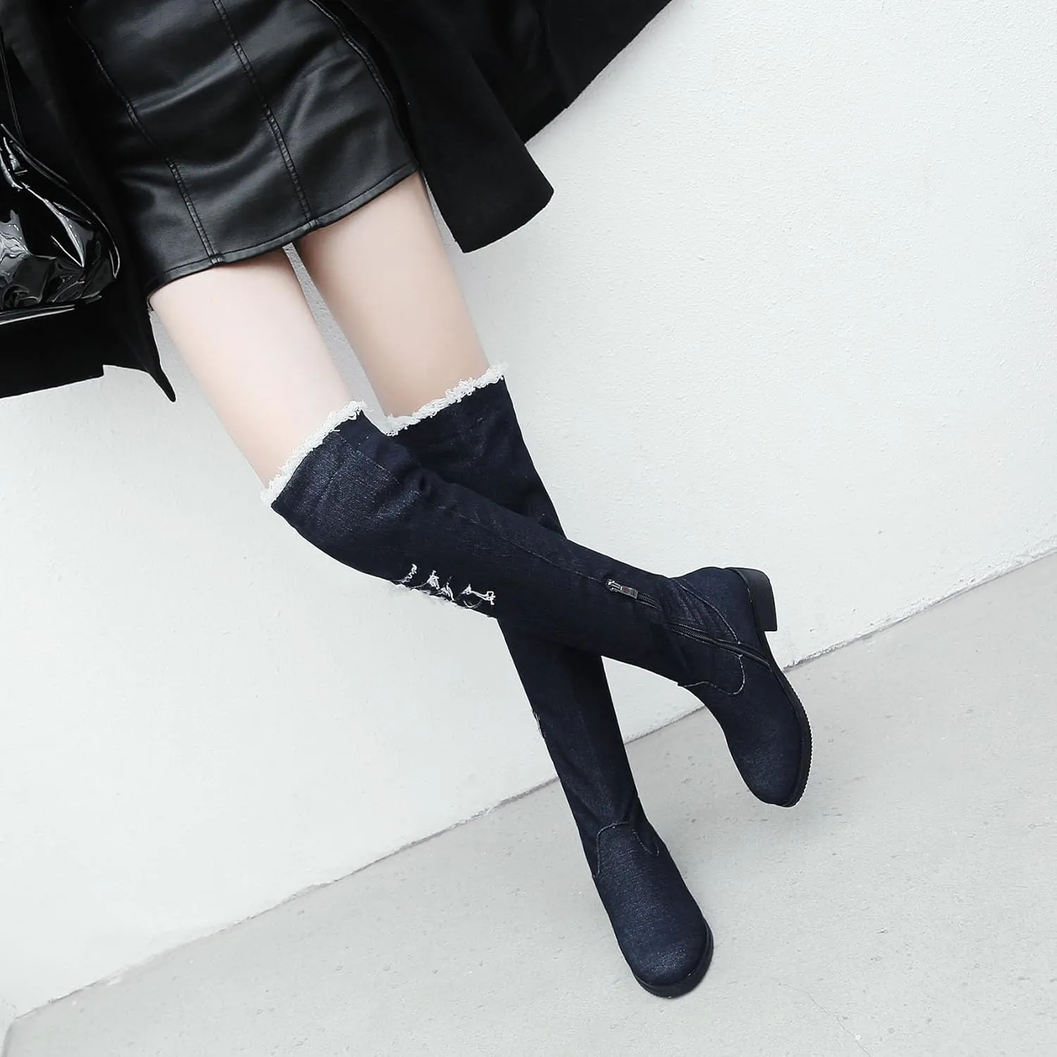 SHEMEE Women's Denim Low Heels Over The Knee Boots Flat Thigh High Boots Round Toe Side Zipper Long Boots