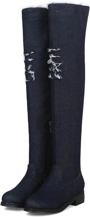 SHEMEE Women's Denim Low Heels Over The Knee Boots Flat Thigh High Boots Round Toe Side Zipper Long Boots