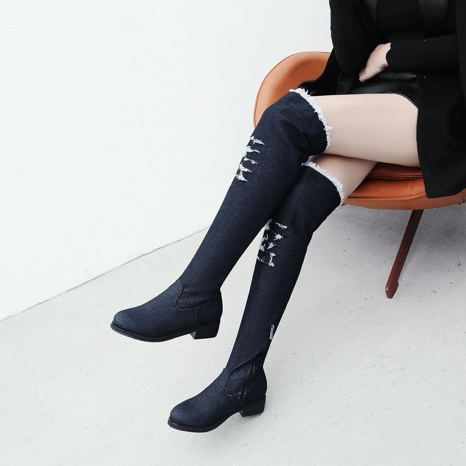 SHEMEE Women's Denim Low Heels Over The Knee Boots Flat Thigh High Boots Round Toe Side Zipper Long Boots