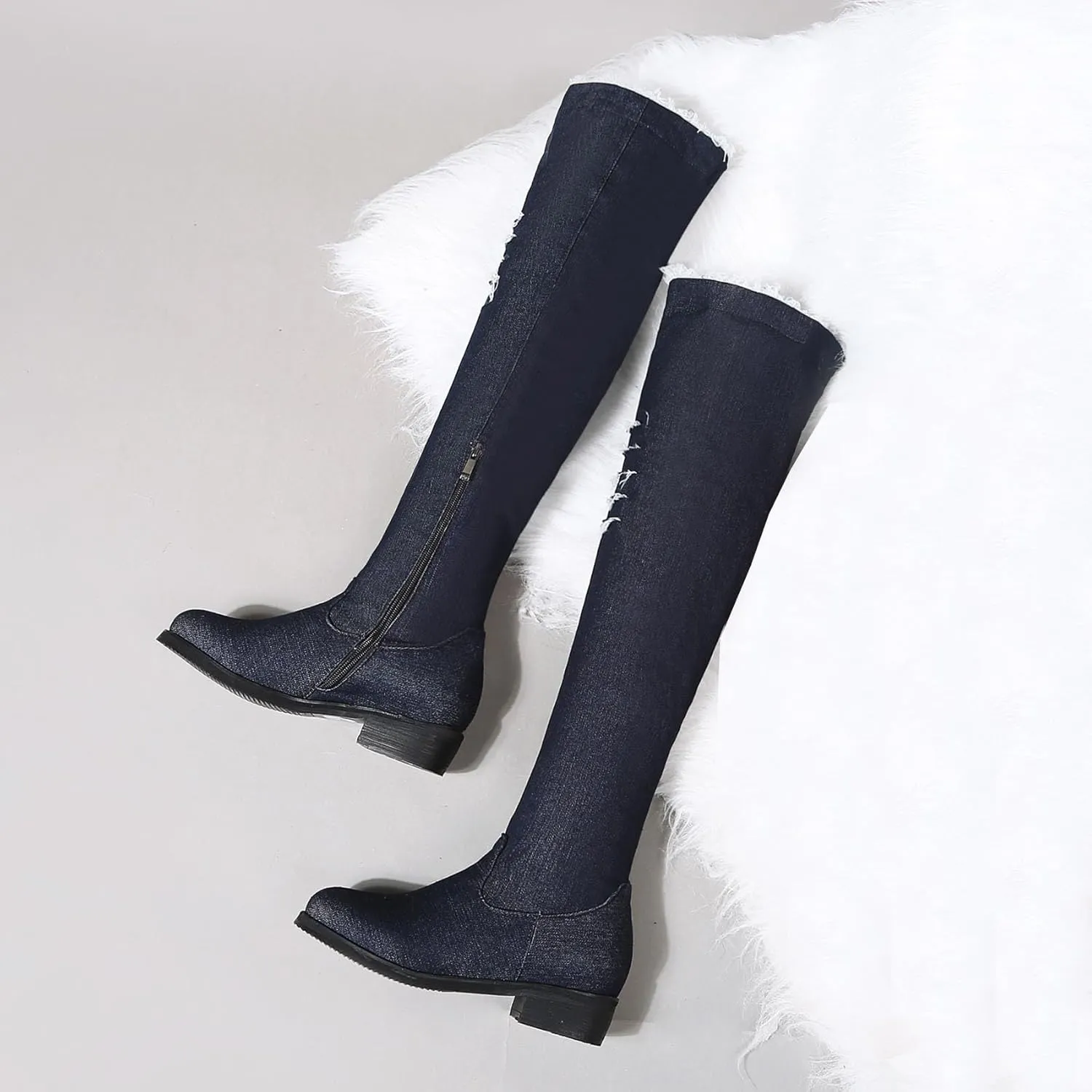 SHEMEE Women's Denim Low Heels Over The Knee Boots Flat Thigh High Boots Round Toe Side Zipper Long Boots