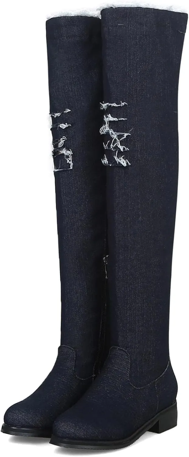 SHEMEE Women's Denim Low Heels Over The Knee Boots Flat Thigh High Boots Round Toe Side Zipper Long Boots