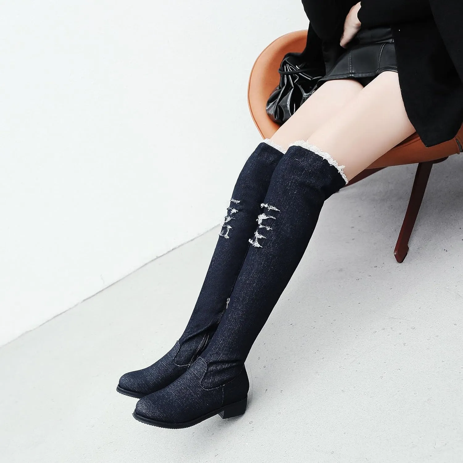 SHEMEE Women's Denim Low Heels Over The Knee Boots Flat Thigh High Boots Round Toe Side Zipper Long Boots
