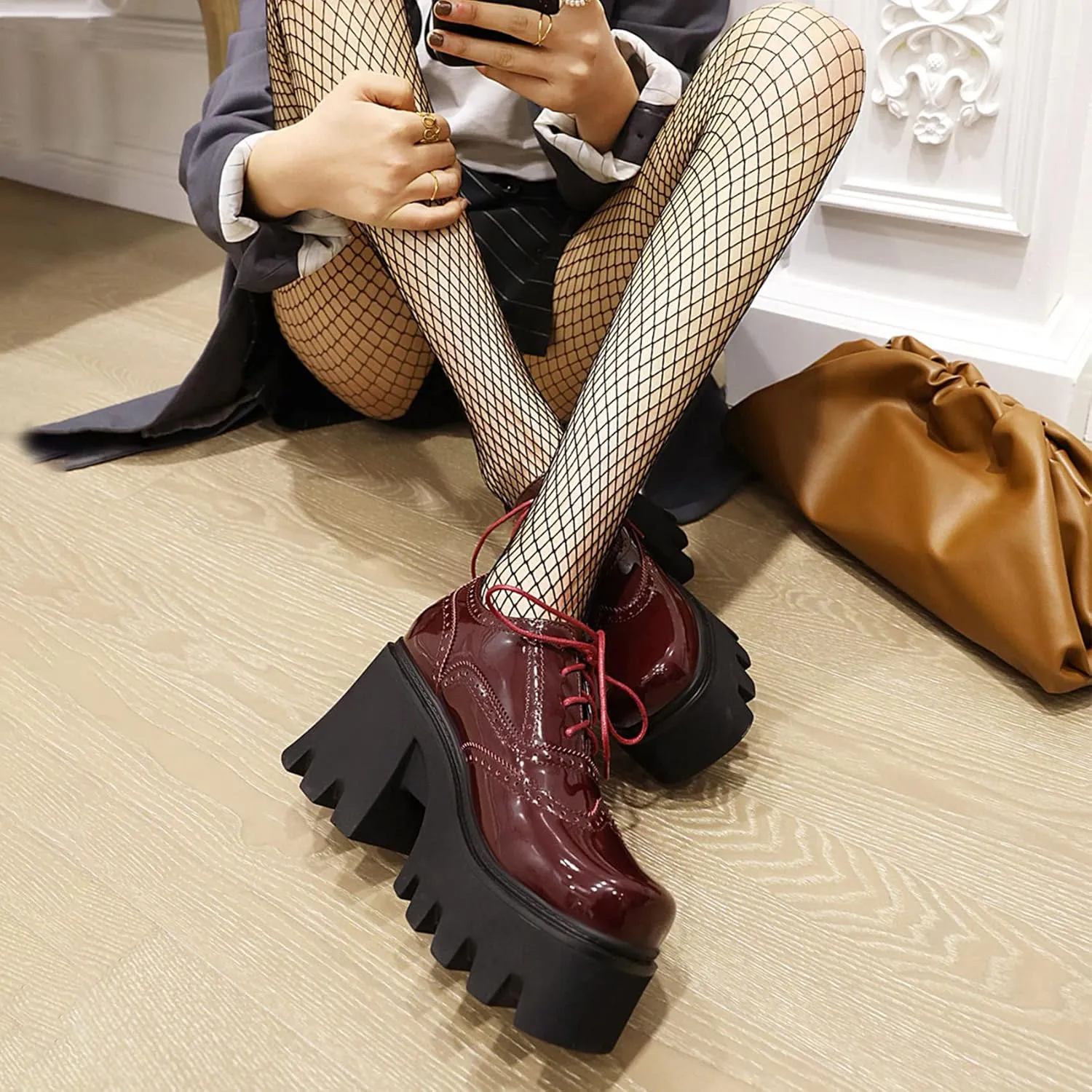 SHEMEE Women's Vintage Wingtip Oxfords Pumps Chunky Platform Block High Heel Round Toe Lace Up Gothic Brogue Shoes