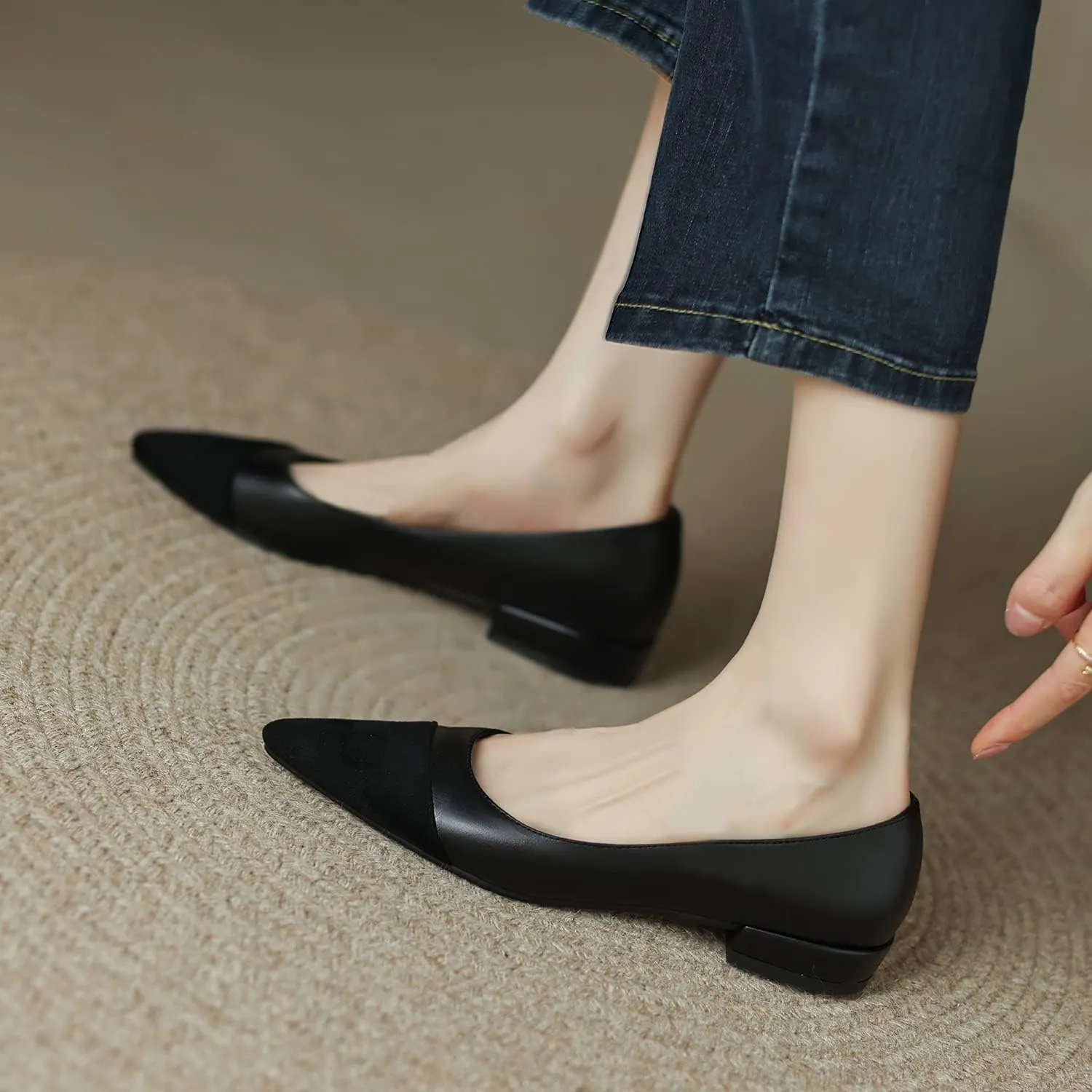 SHODENSE Women Casual Cap Toe Flats Slip on Pointed Toe Ballet Flats Two Tone 0.5" Low Flat Heel Pumps Comfort Colorblock Basic Flat Dress Shoes Work Chic Driver Flats Fall 4-11 M US
