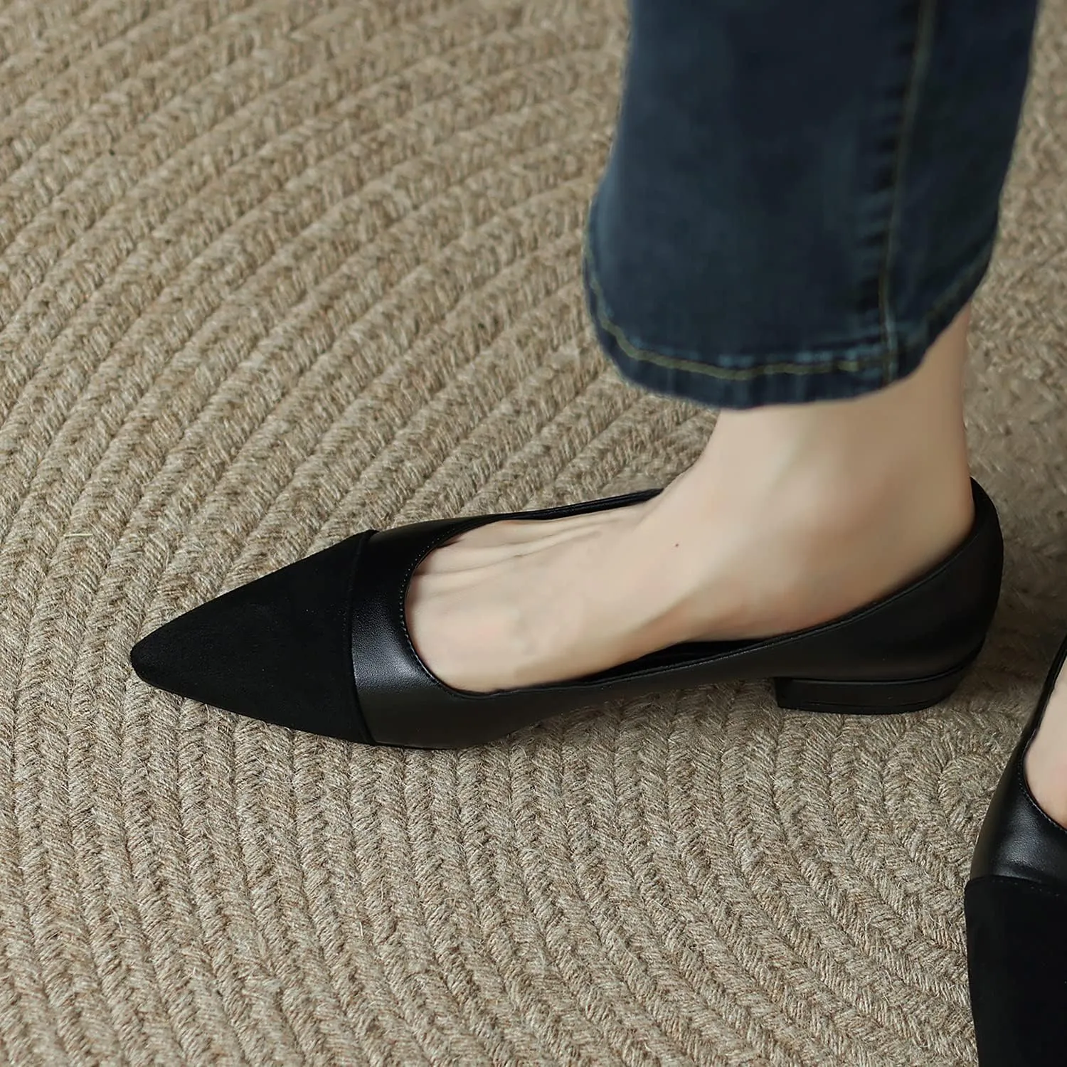 SHODENSE Women Casual Cap Toe Flats Slip on Pointed Toe Ballet Flats Two Tone 0.5" Low Flat Heel Pumps Comfort Colorblock Basic Flat Dress Shoes Work Chic Driver Flats Fall 4-11 M US