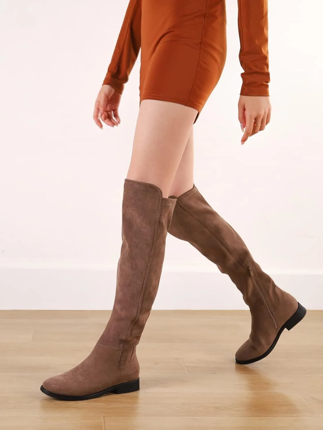 Shoe'N Tale Thigh High Over The Knee Boots for Women Flat Low Heel Fall Winter Stretch Suede Long Round Toe Boots