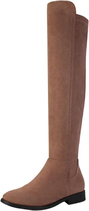 Shoe'N Tale Thigh High Over The Knee Boots for Women Flat Low Heel Fall Winter Stretch Suede Long Round Toe Boots
