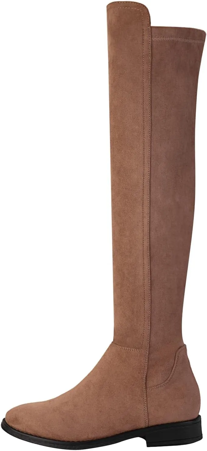 Shoe'N Tale Thigh High Over The Knee Boots for Women Flat Low Heel Fall Winter Stretch Suede Long Round Toe Boots