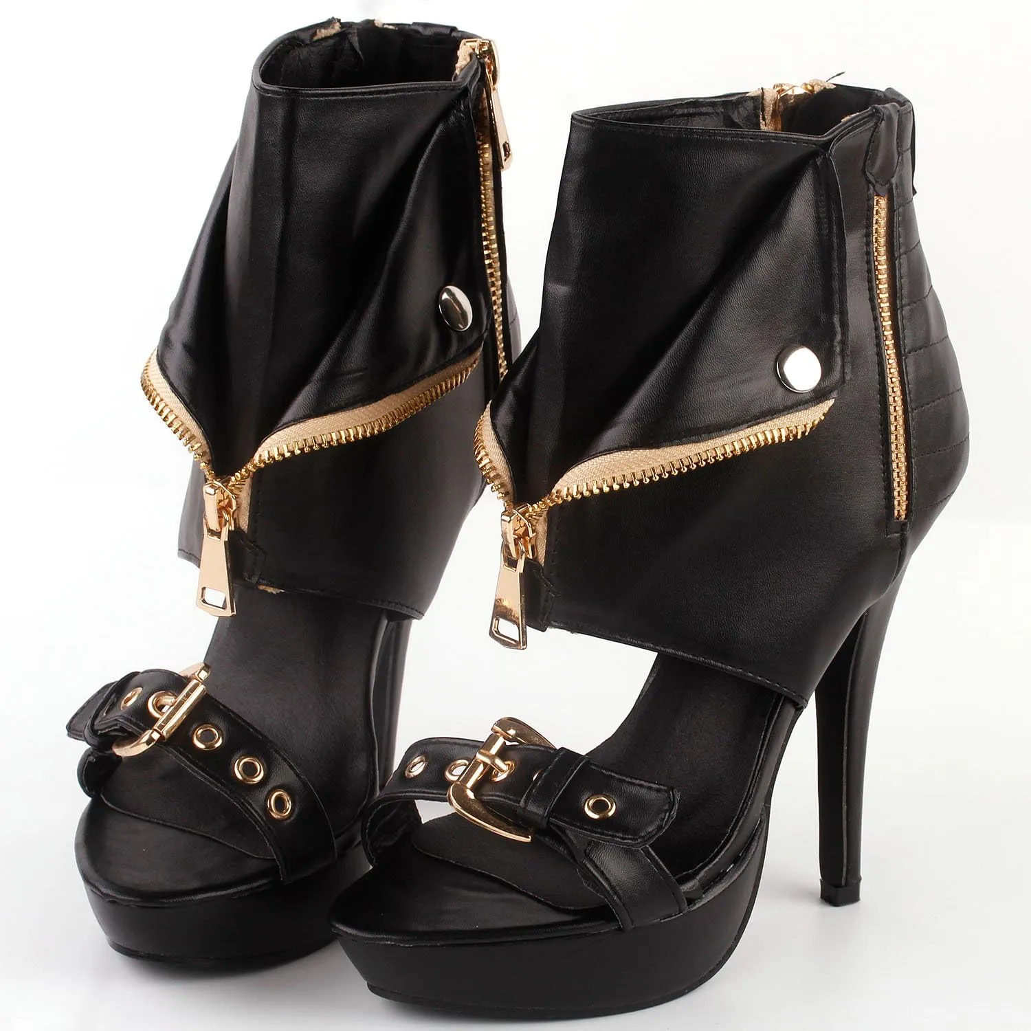 SHOW STORY Punk Stud Buckle High Heels Stilettos Pumps with Zipper Bootie Sandal,LF30103