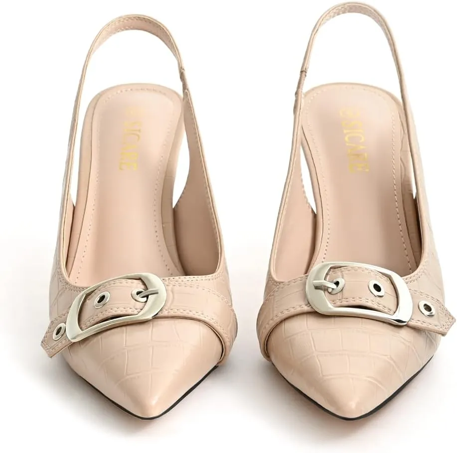 Slingback Kitten Heels for Women Closed Pointed Toe Pumps Dress Shoes with Buckle Strap Comfortable Slip On Sandal Heels for Work Party Wedding