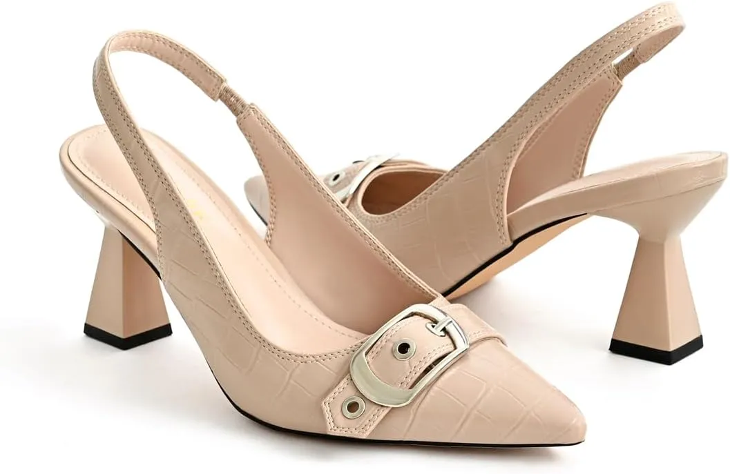Slingback Kitten Heels for Women Closed Pointed Toe Pumps Dress Shoes with Buckle Strap Comfortable Slip On Sandal Heels for Work Party Wedding