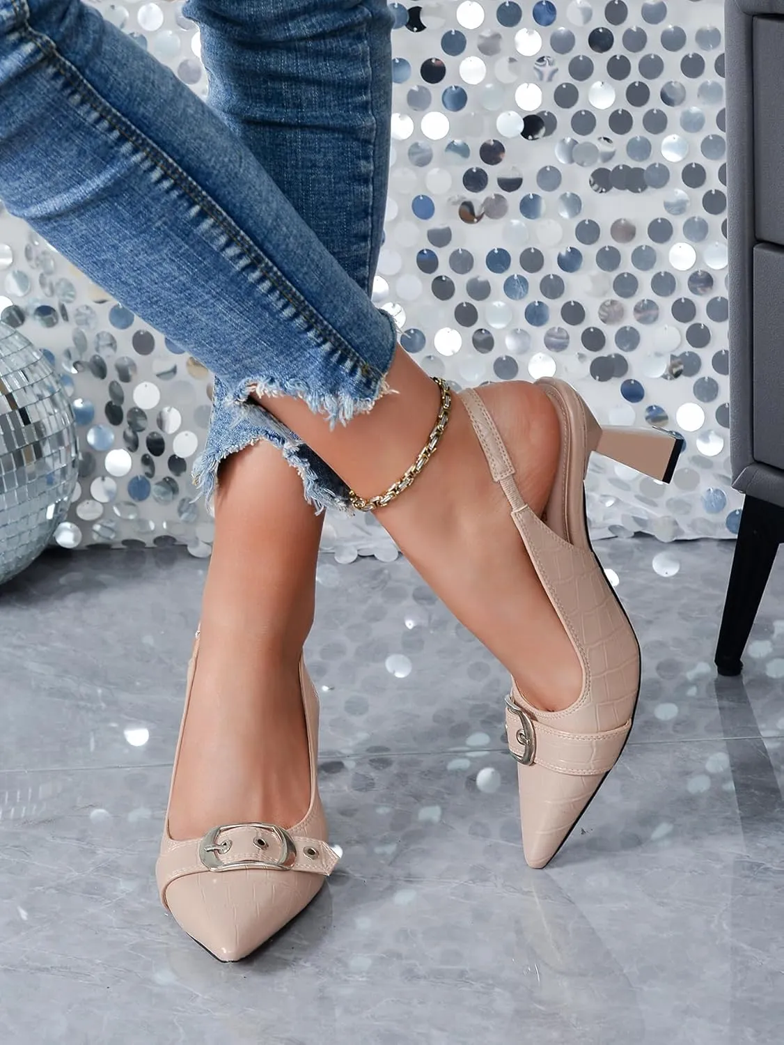 Slingback Kitten Heels for Women Closed Pointed Toe Pumps Dress Shoes with Buckle Strap Comfortable Slip On Sandal Heels for Work Party Wedding