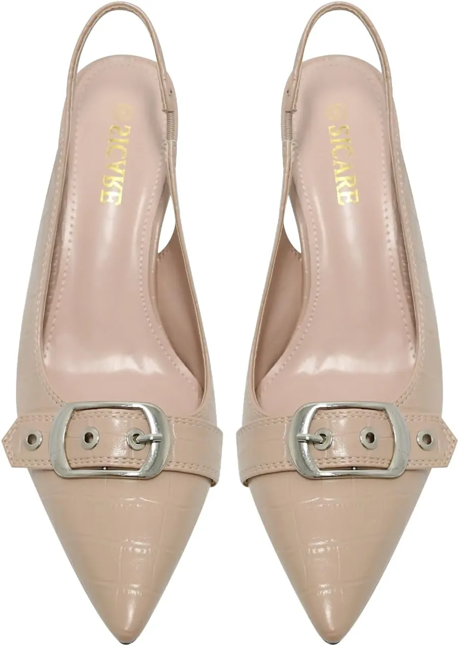Slingback Kitten Heels for Women Closed Pointed Toe Pumps Dress Shoes with Buckle Strap Comfortable Slip On Sandal Heels for Work Party Wedding
