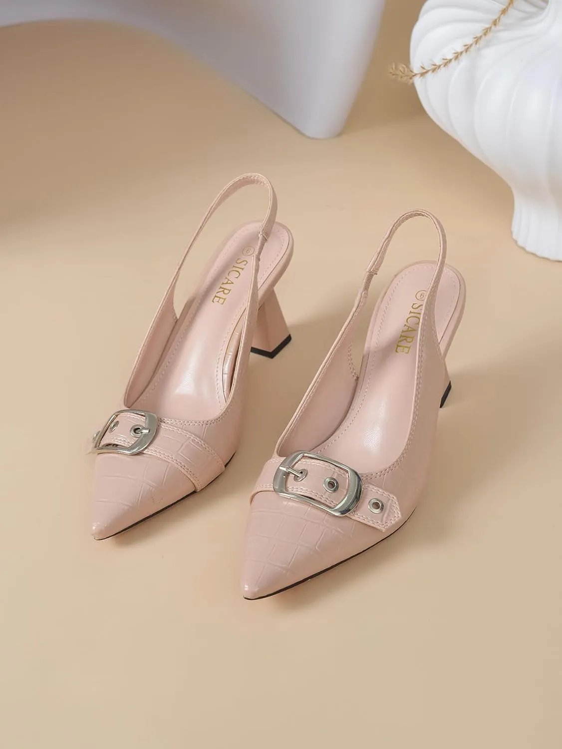 Slingback Kitten Heels for Women Closed Pointed Toe Pumps Dress Shoes with Buckle Strap Comfortable Slip On Sandal Heels for Work Party Wedding