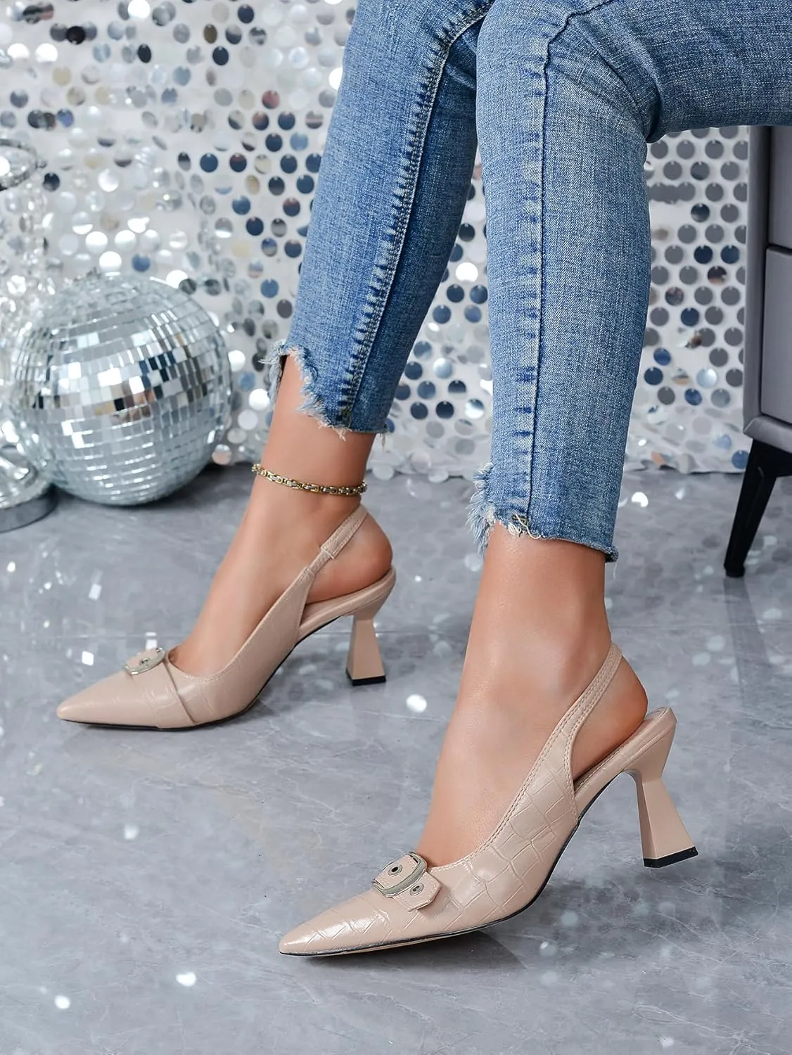 Slingback Kitten Heels for Women Closed Pointed Toe Pumps Dress Shoes with Buckle Strap Comfortable Slip On Sandal Heels for Work Party Wedding