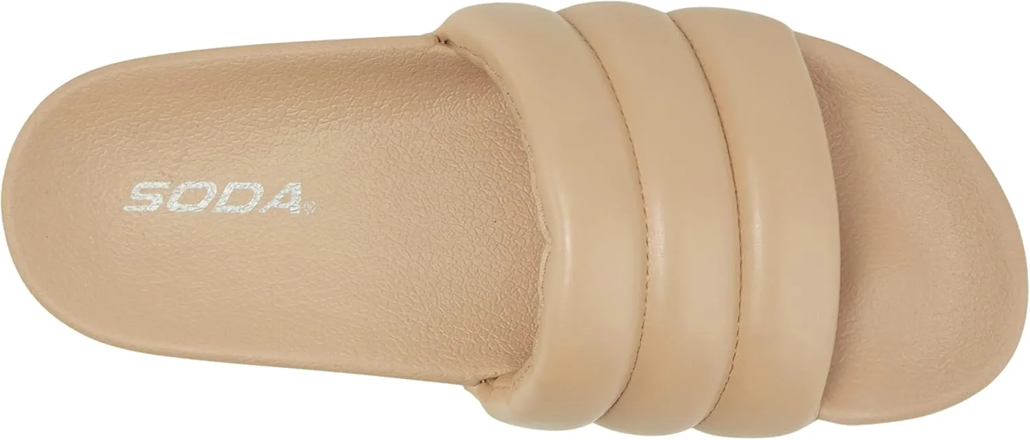 Soda BETWEEN ~ Women Flat Open Toe Single Plush Wide Strap With Fashion Footbed Slide Sandal