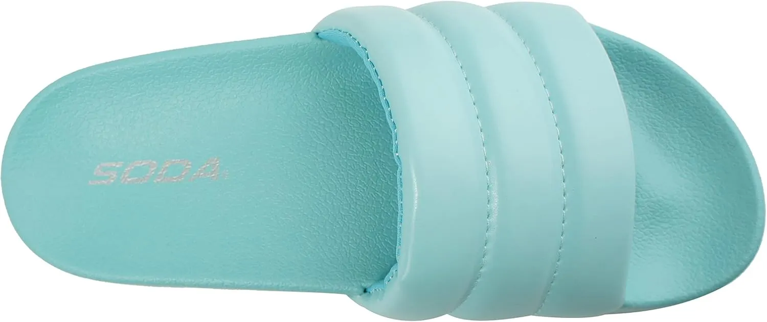 Soda BETWEEN ~ Women Flat Open Toe Single Plush Wide Strap With Fashion Footbed Slide Sandal