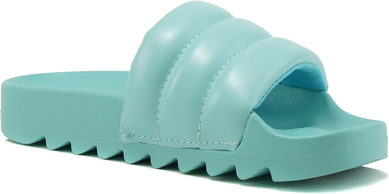 Soda BETWEEN ~ Women Flat Open Toe Single Plush Wide Strap With Fashion Footbed Slide Sandal