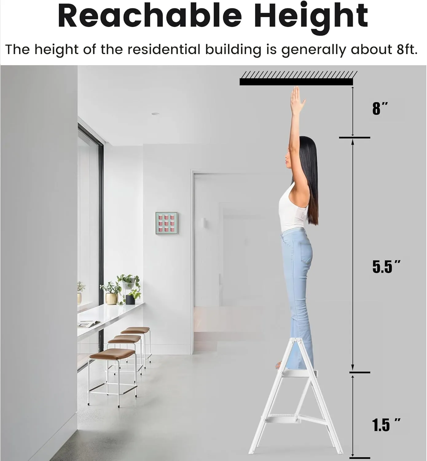 Step Stool, 2 Step Ladder with Anti-Slip and Wide Pedal, Portable Iron Foldable Stepladder for Home and Kitchen, 300lbs - White