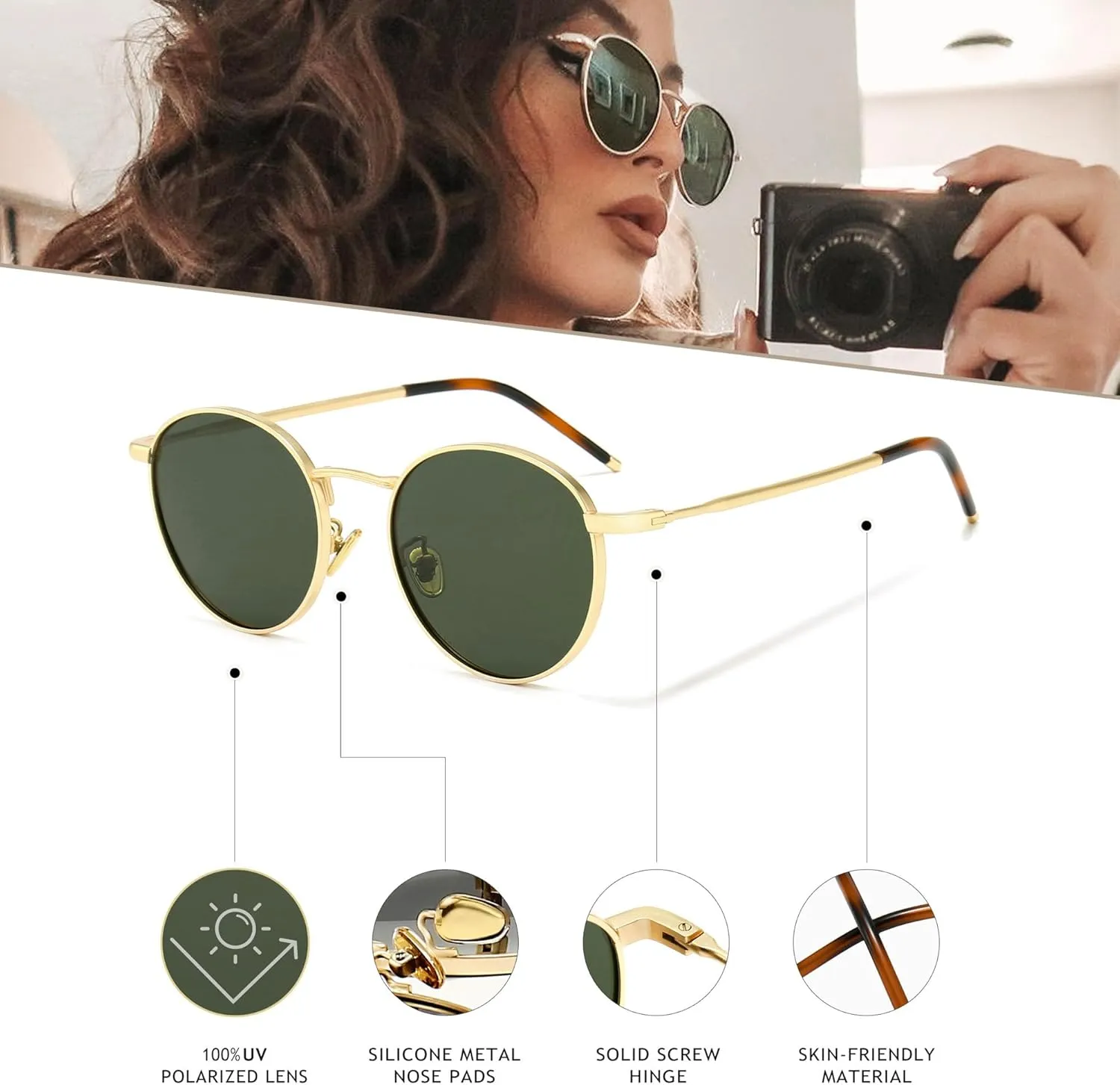 SUNGAIT Ponderable Metal Round Sunglasses for Men Women Classic Vintage Polarized Circle Sun Glasses