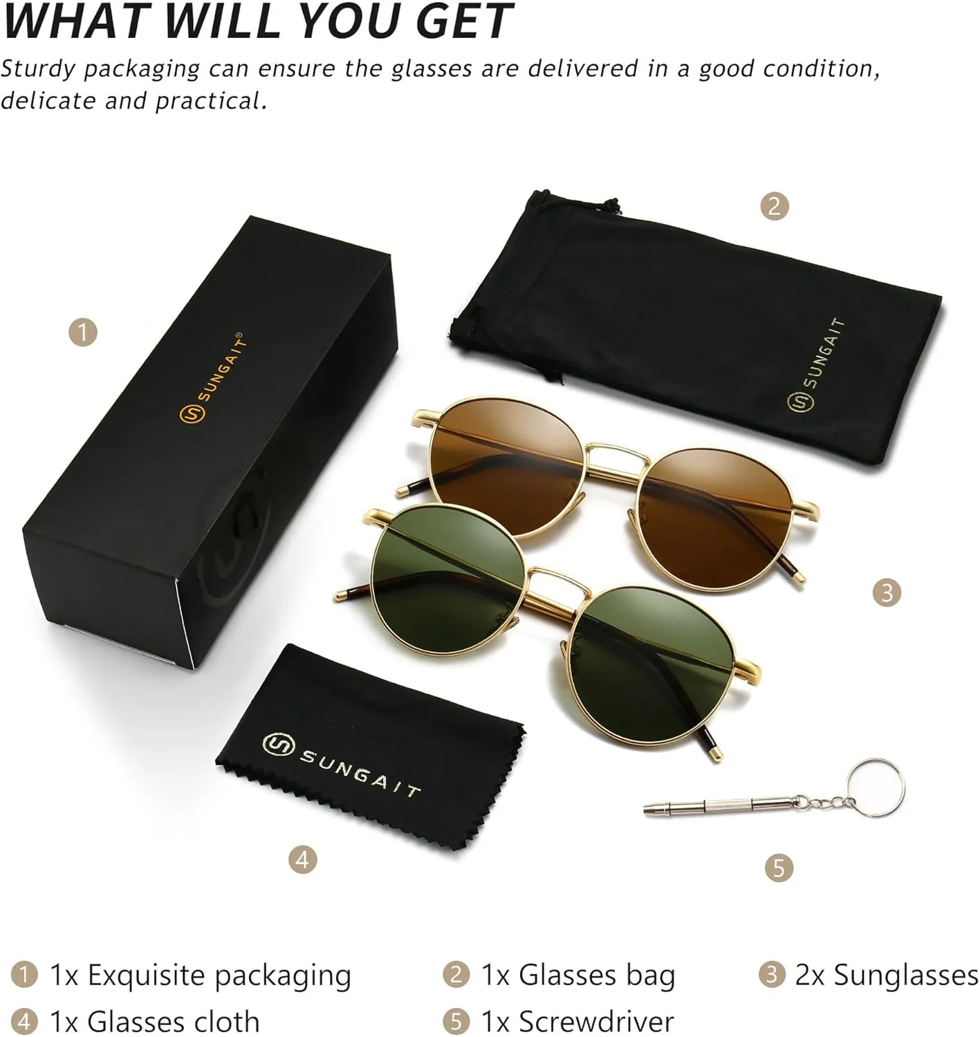 SUNGAIT Ponderable Metal Round Sunglasses for Men Women Classic Vintage Polarized Circle Sun Glasses