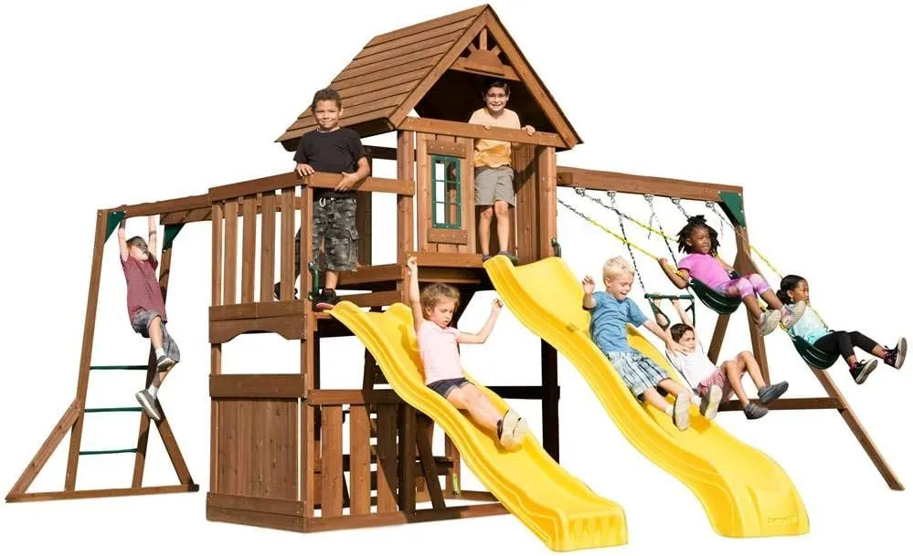 Swing-N-Slide WS 8356 Wooden Timberview Play Set with Two Slides, Monkey Bars, Wood Roof, Climbing Wall and Swings, Wood , Brown