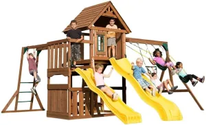 Swing-N-Slide WS 8356 Wooden Timberview Play Set with Two Slides, Monkey Bars, Wood Roof, Climbing Wall and Swings, Wood , Brown