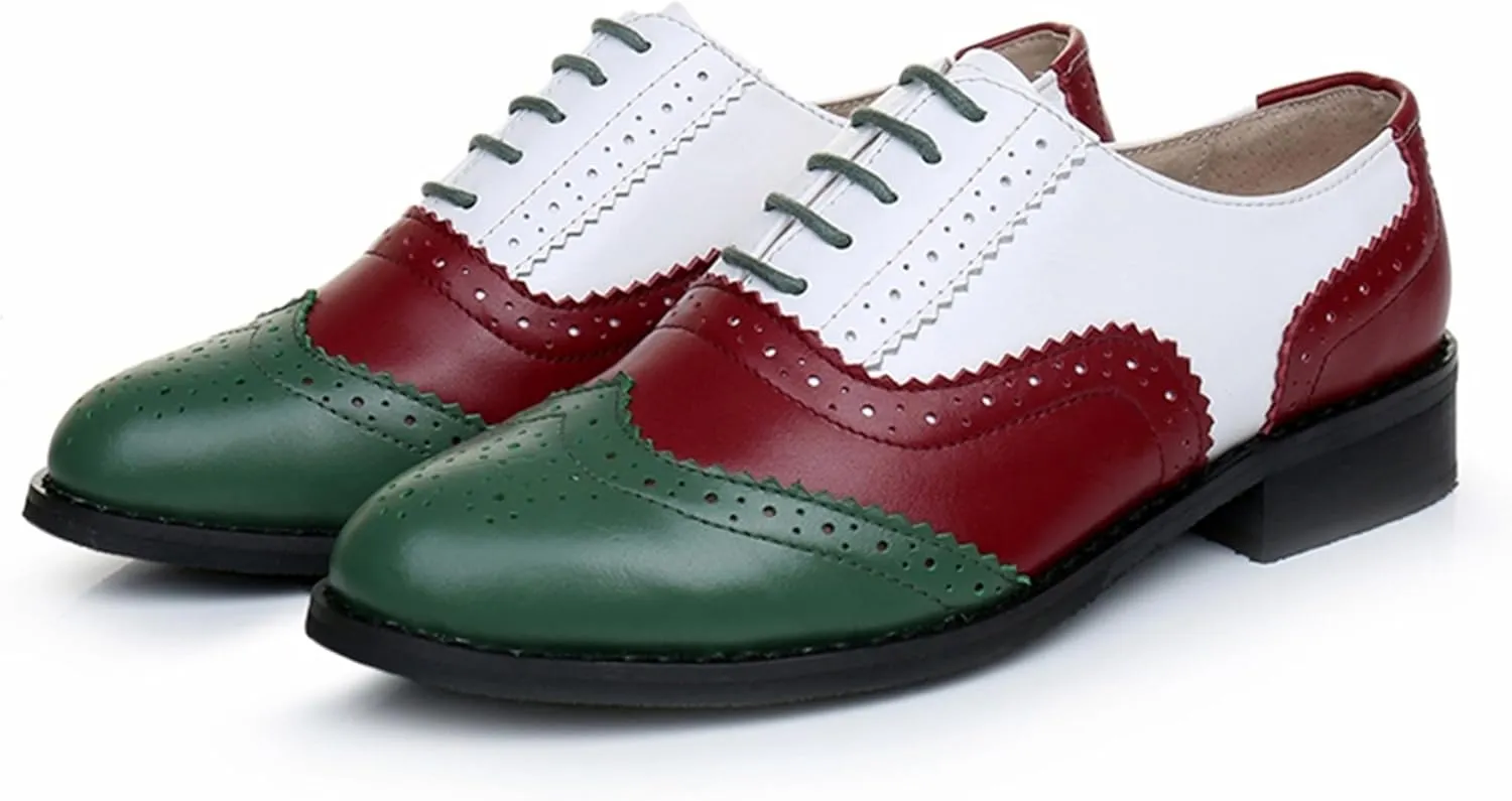 TDA Women's Perforated Wingtip Lace-up Synthetic Leather Dress Vintage Oxford Flat Shoes