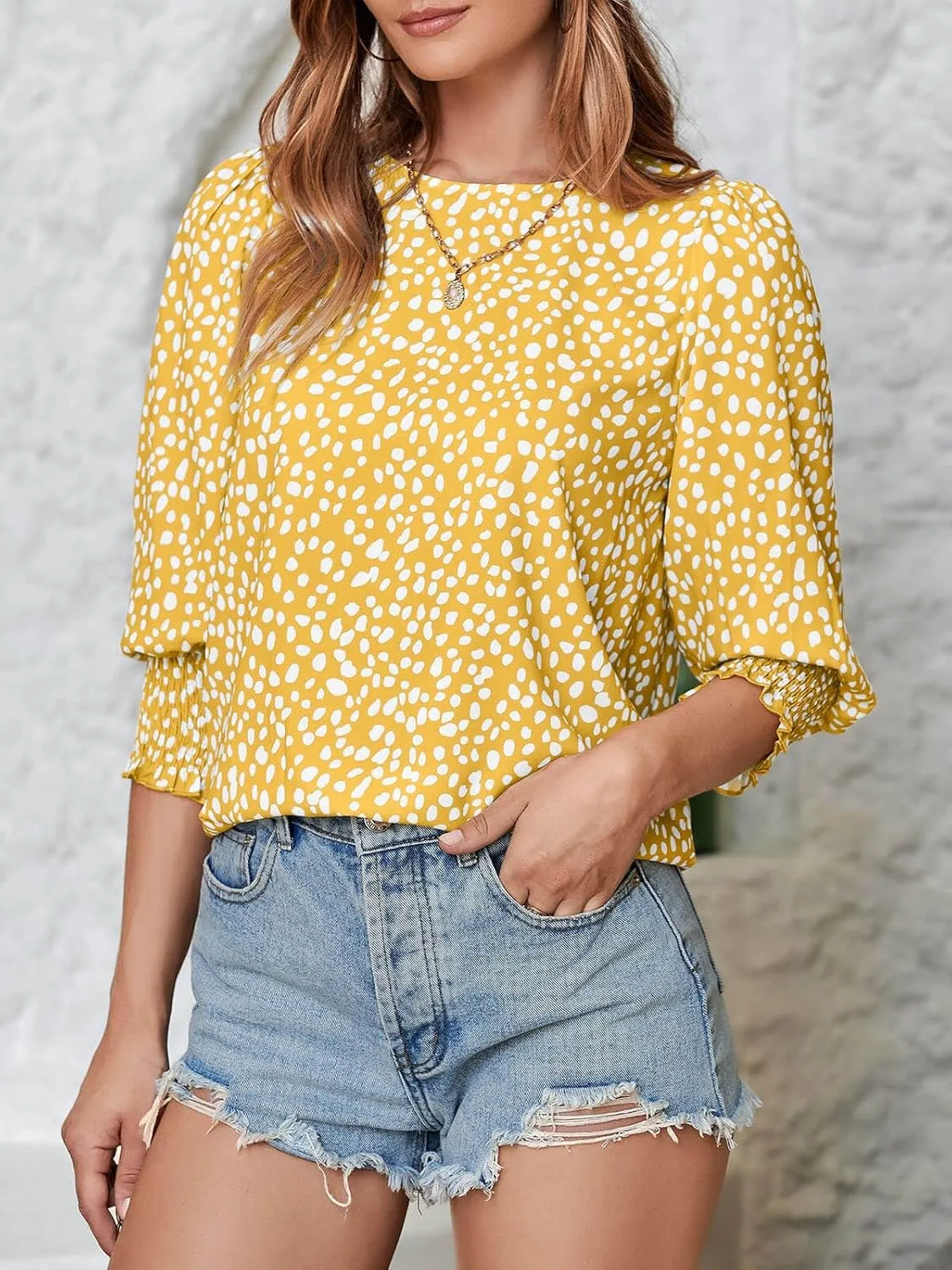 Teurkia Women's Polka Dot 3/4 Sleeve Blouse Tops Ladies Casual Office Work Crew Neck T-Shirt