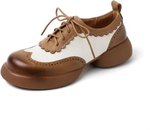 TinaCus Genuine Leather Handmade Round Toe Two-Tone Lace Up Wingtip Shoes Low Chunky Heel Platform Oxford Shoes