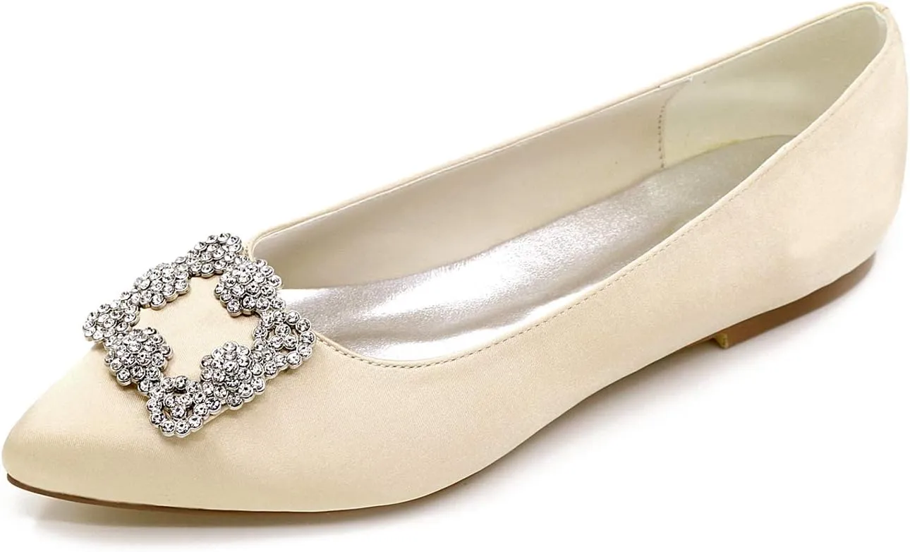 TNXZ Wedding Flats Shoes Women Wedding Shoes for Bride Flats Bridal Shoes Flats Satin Closed Toe Rhinestone Ballet Flats