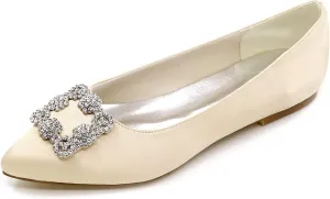TNXZ Wedding Flats Shoes Women Wedding Shoes for Bride Flats Bridal Shoes Flats Satin Closed Toe Rhinestone Ballet Flats