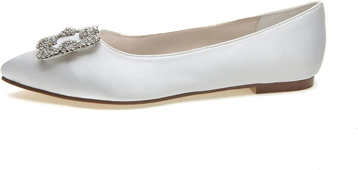 TNXZ Wedding Flats Shoes Women Wedding Shoes for Bride Flats Bridal Shoes Flats Satin Closed Toe Rhinestone Ballet Flats
