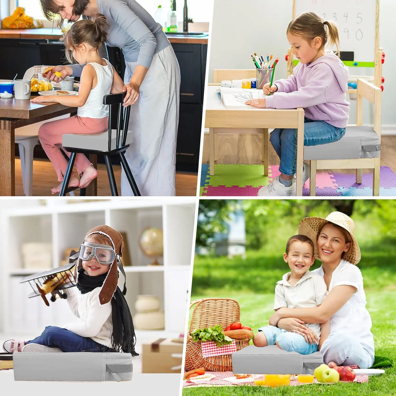 Toddler Booster Seat for Dining Table, Washable Thick Strong Support Portable Booster Chair for Toddlers Eating, Easy Cleaning Booster Seat Cushion Detachable with Fix Straps (Light Grey)