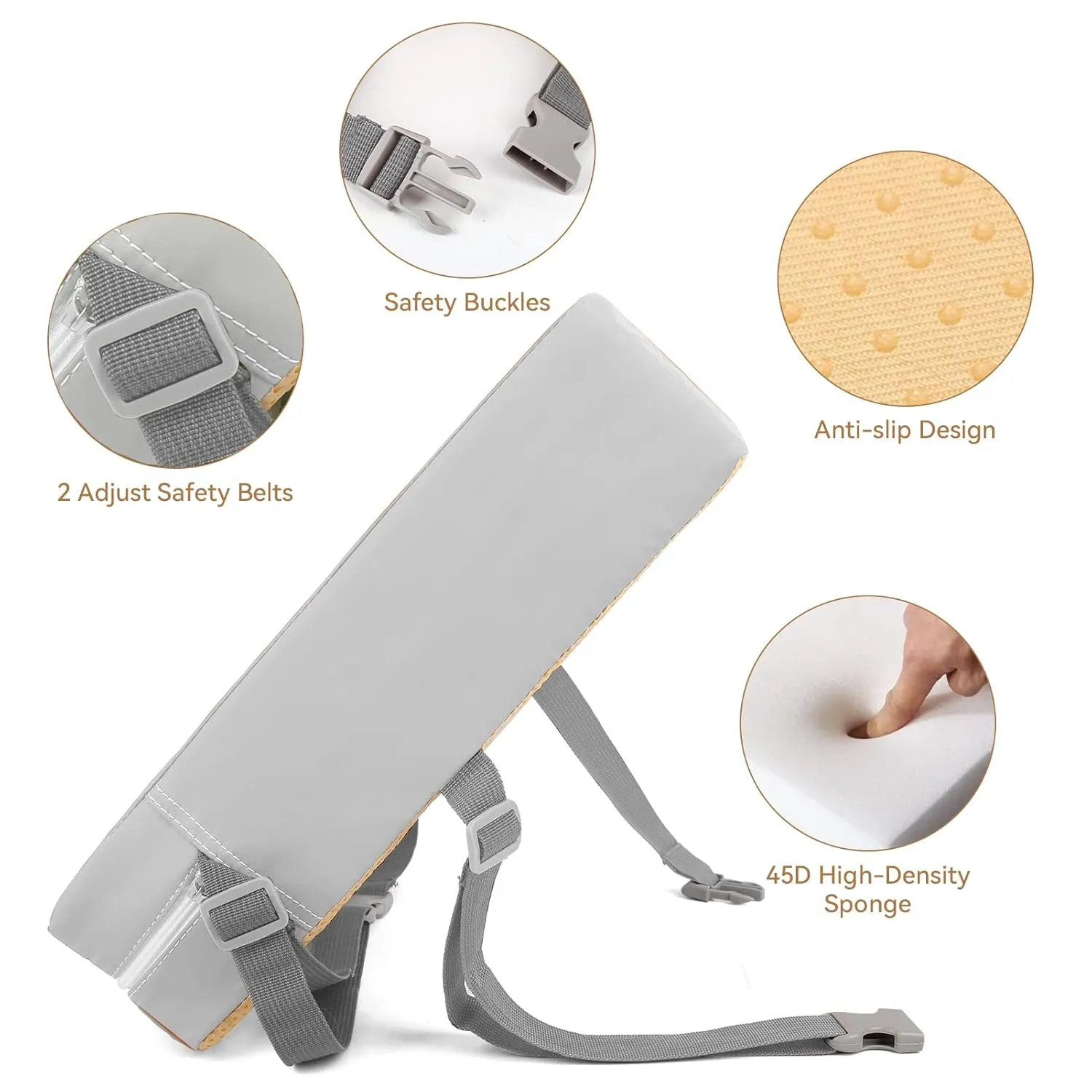 Toddler Booster Seat for Dining Table, Washable Thick Strong Support Portable Booster Chair for Toddlers Eating, Easy Cleaning Booster Seat Cushion Detachable with Fix Straps (Light Grey)