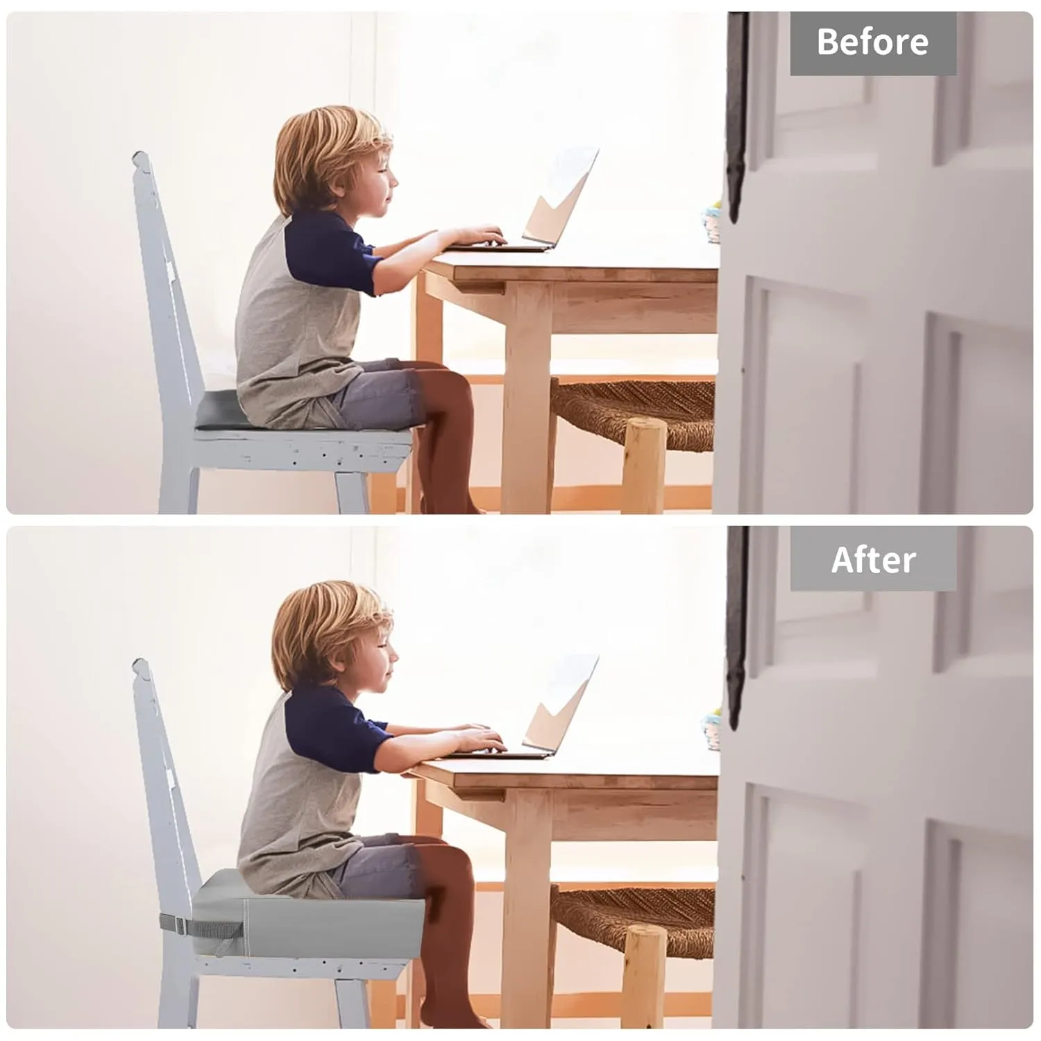 Toddler Booster Seat for Dining Table, Washable Thick Strong Support Portable Booster Chair for Toddlers Eating, Easy Cleaning Booster Seat Cushion Detachable with Fix Straps (Light Grey)