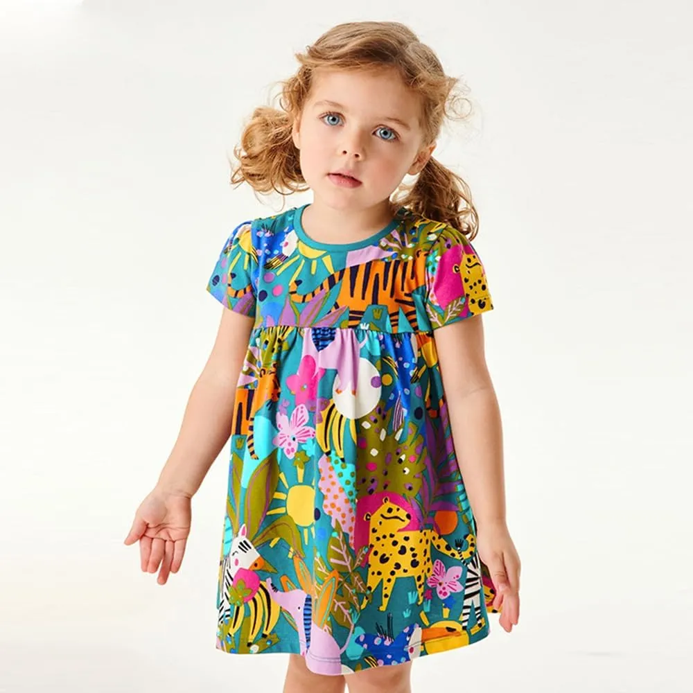 Toddler Little Girls Casual Dresses 2-Pack Cotton Crew Neck Graphic Cartoon Dress for 3-6 Years