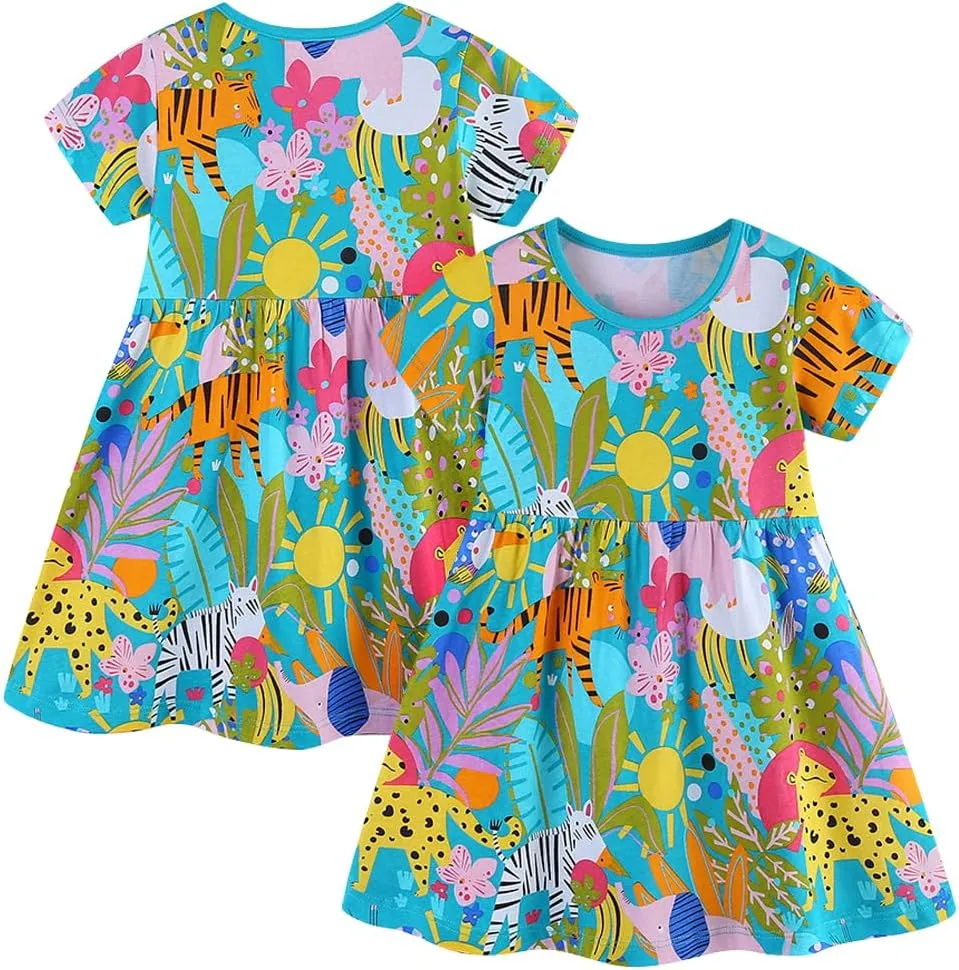 Toddler Little Girls Casual Dresses 2-Pack Cotton Crew Neck Graphic Cartoon Dress for 3-6 Years