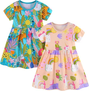 Toddler Little Girls Casual Dresses 2-Pack Cotton Crew Neck Graphic Cartoon Dress for 3-6 Years