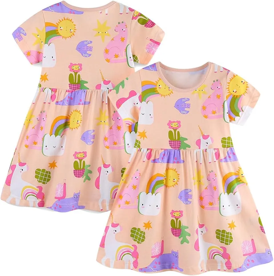 Toddler Little Girls Casual Dresses 2-Pack Cotton Crew Neck Graphic Cartoon Dress for 3-6 Years