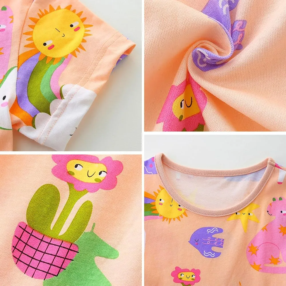Toddler Little Girls Casual Dresses 2-Pack Cotton Crew Neck Graphic Cartoon Dress for 3-6 Years