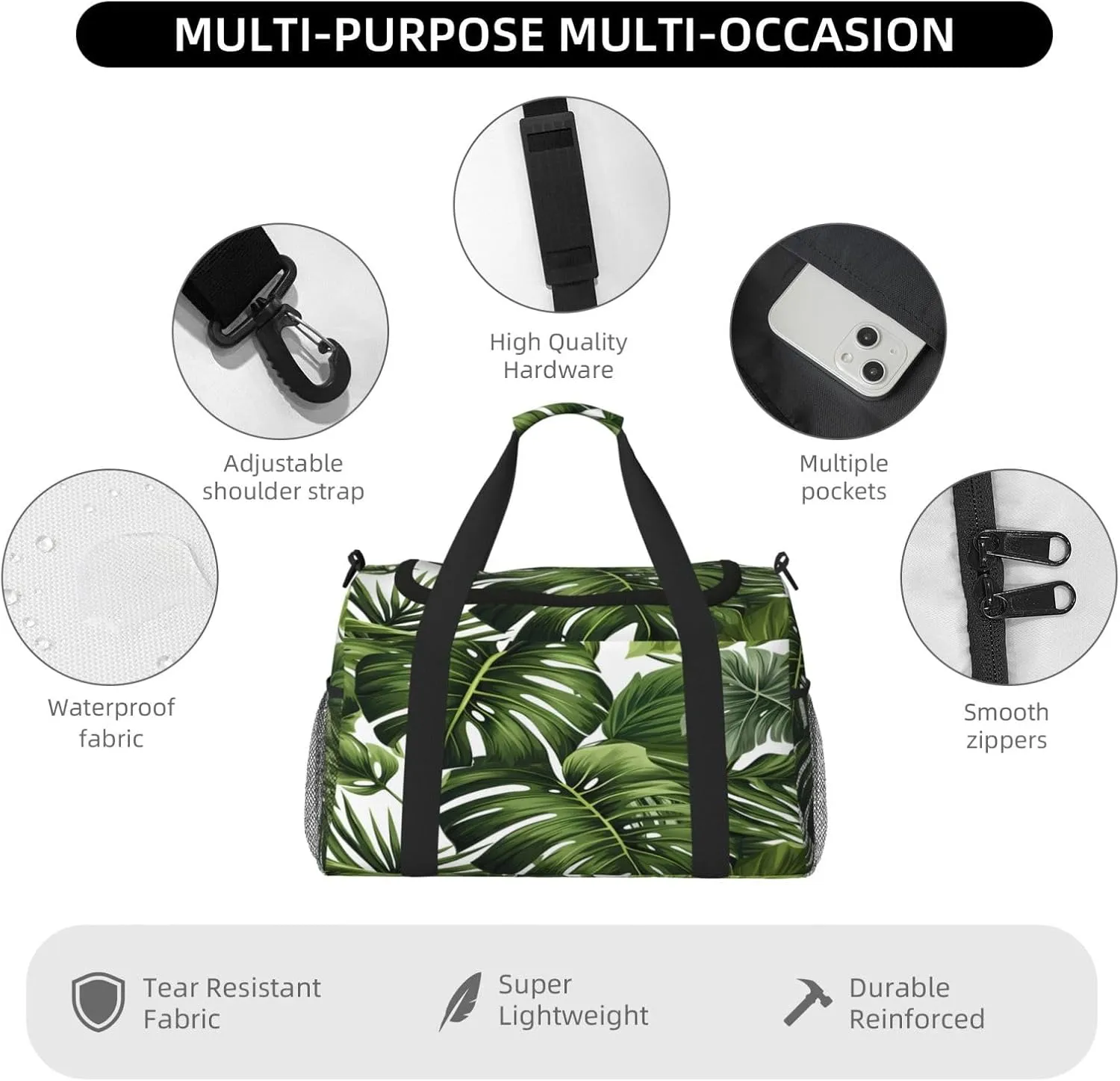 Tropical Palm Leaf Travel Duffel Bag with Strap Multi Pockets Sports Bag Handbag Large Shoulder Bag for Gym Weekend Fitness Camping