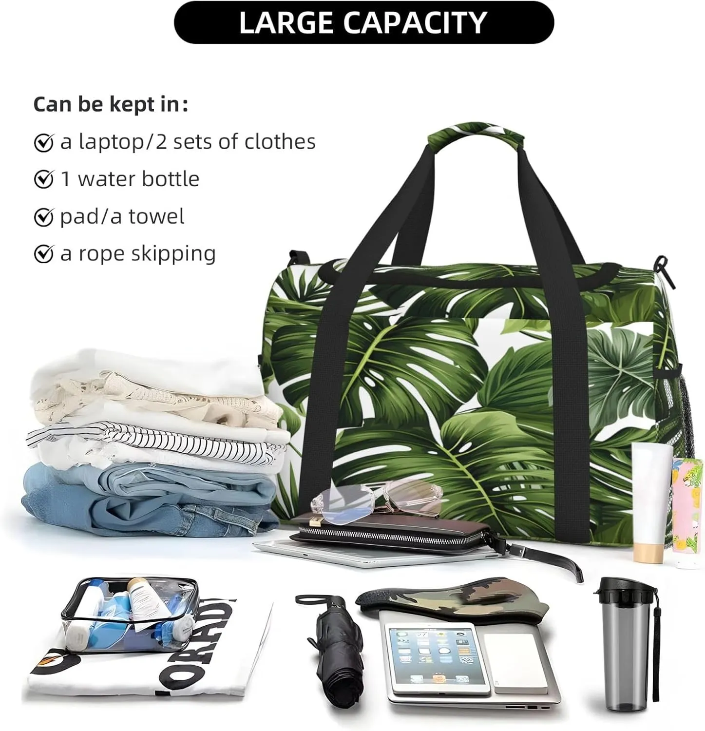 Tropical Palm Leaf Travel Duffel Bag with Strap Multi Pockets Sports Bag Handbag Large Shoulder Bag for Gym Weekend Fitness Camping